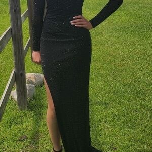 Windsor Black Long Sleeve Sequin Gown with High Slit